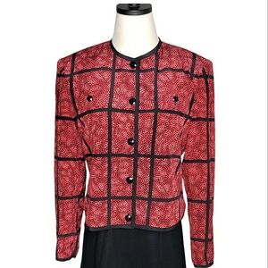 Vintage 80's Silk Jacket Grid Dots Giant Shoulder Pads Fasceted Buttons Disco 8